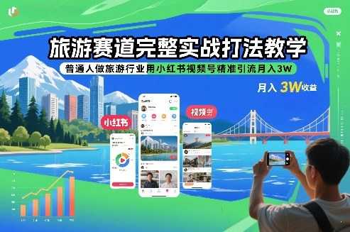 旅游赛道完整实战打法教学，普通人做旅游行业用小红书视频号精准引流月入3W-恒创联盟资源网