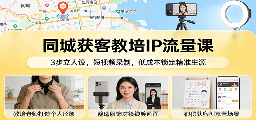 同城获客教培IP流量课：3步立人设，短视频录制，低成本锁定精准生源-恒创联盟资源网