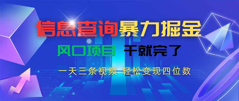 信息查询暴力掘金，一天三条视频 轻松变现四位数，风口项目干就完了-恒创联盟资源网