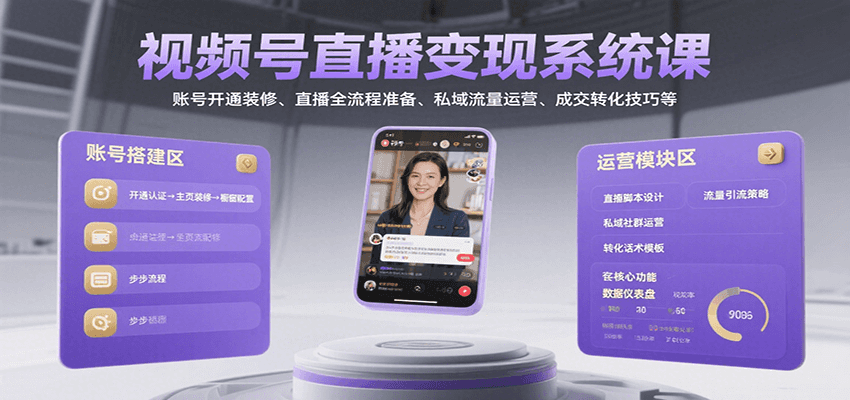 视频号直播变现系统课，账号开通装修、直播全流程准备、私域流量运营、成交转化技巧等-恒创联盟资源网