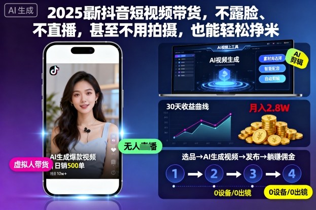 2025最新抖音短视频带货，不露脸、不直播，甚至不用拍摄，也能轻松挣米-恒创联盟资源网