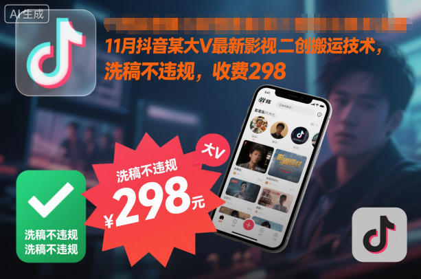 11月抖音某大V最新影视二创搬运技术,洗稿不违规,收费298-恒创联盟资源网
