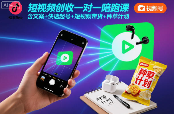 短视频创收一对一陪跑课,含文案+快速起号+短视频带货+种草计划-恒创联盟资源网