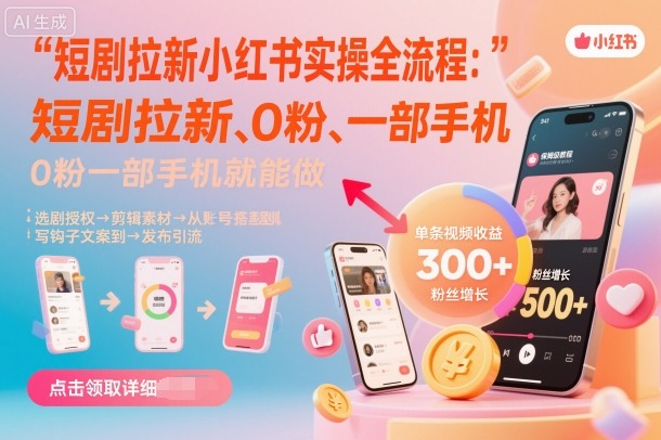 短剧拉新小红书实操全流程,0粉一部手机就可以做,详细教程-恒创联盟资源网