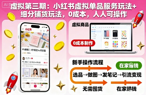 虚拟第三期：小红书虚拟单品服务玩法+细分铺货玩法，0成本，人人可操作-恒创联盟资源网