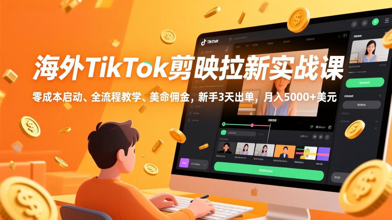 海外TikTok剪映拉新实战课，零成本启动、全流程教学、美金佣金，新手3天出单，月入5000+美元-恒创联盟资源网