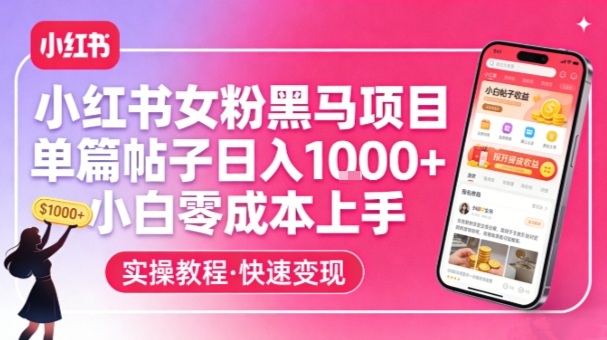 小红书女粉黑马项目，单篇帖子日入1k+，小白零成本上手-恒创联盟资源网