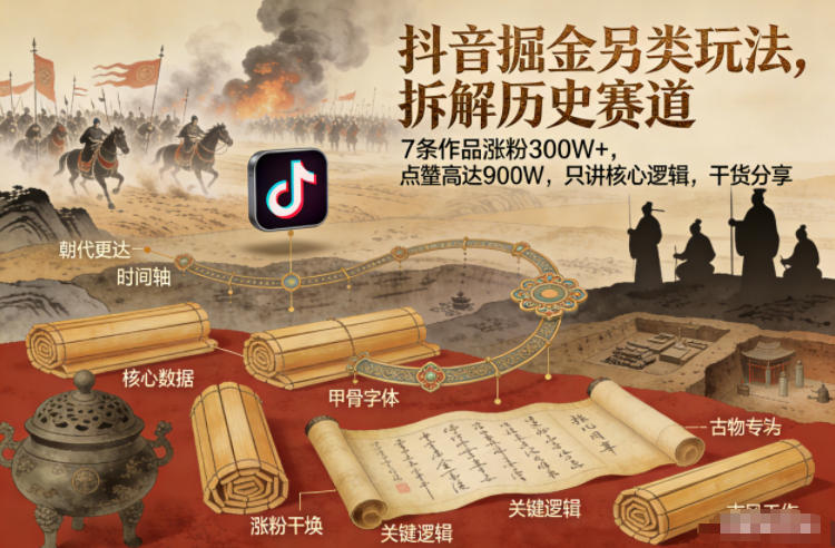 抖音掘金另类玩法，拆解历史赛道，7条作品涨粉300W+，点赞量高达900W，只讲核心逻辑，干货分享-恒创联盟资源网