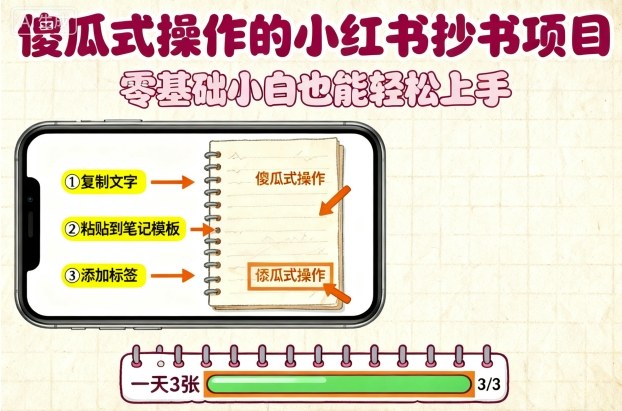 傻瓜式操作的小红书抄书项目,会复制粘贴就行,零基础小白也能一天3张-恒创联盟资源网