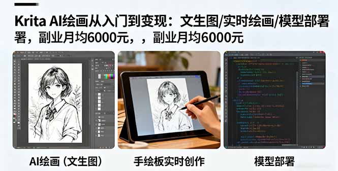 Krita AI绘画从入门到变现:文生图/实时绘画/模型部署,副业月均6000元-恒创联盟资源网