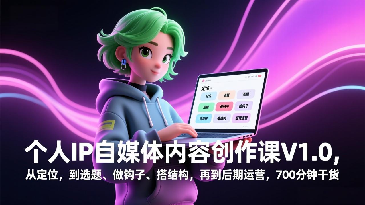 个人IP自媒体内容创作课V1.0，从定位，到选题、做钩子、搭结构，再到后期运营，700分钟干货-恒创联盟资源网