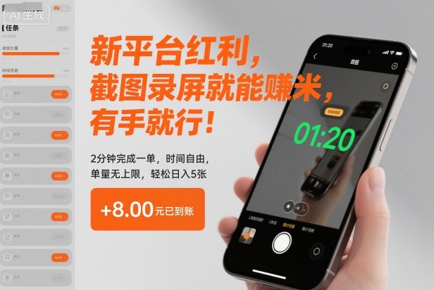 新平台红利,截图录屏就能賺米,有手就行!2分钟完成一单,时间自由,单量无上限,轻松日入5张【揭秘】-恒创联盟资源网