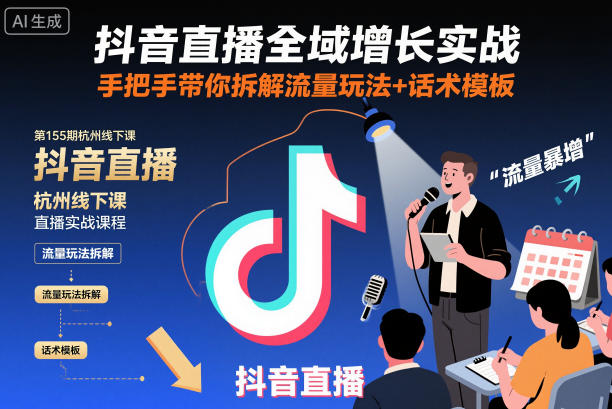 抖音直播全域增长实战第155期杭州线下课,手把手带你拆解流量玩法+话术模板-恒创联盟资源网