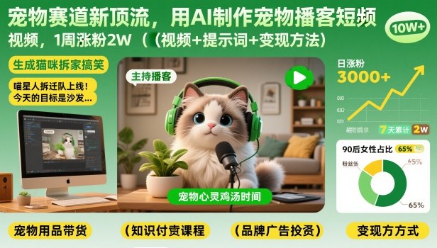 宠物赛道新顶流,用AI制作宠物播客短视频,1周涨粉2W(视频+提示词+变现方法)-恒创联盟资源网