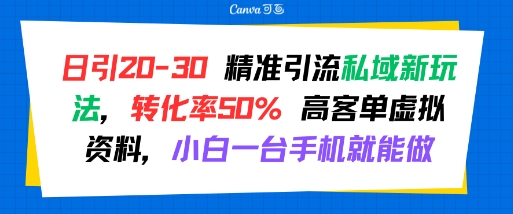 日引 20-30 精准引流私域新玩法，转化率50% 高客单虚拟资料，小白一台手机就能做-恒创联盟资源网