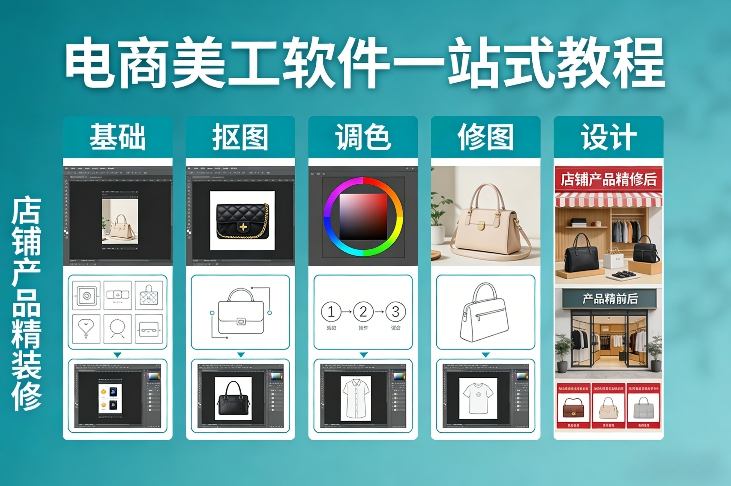 电商美工软件一站式教程，基础/抠图/调色/修图/设计，店铺产品精装修-恒创联盟资源网