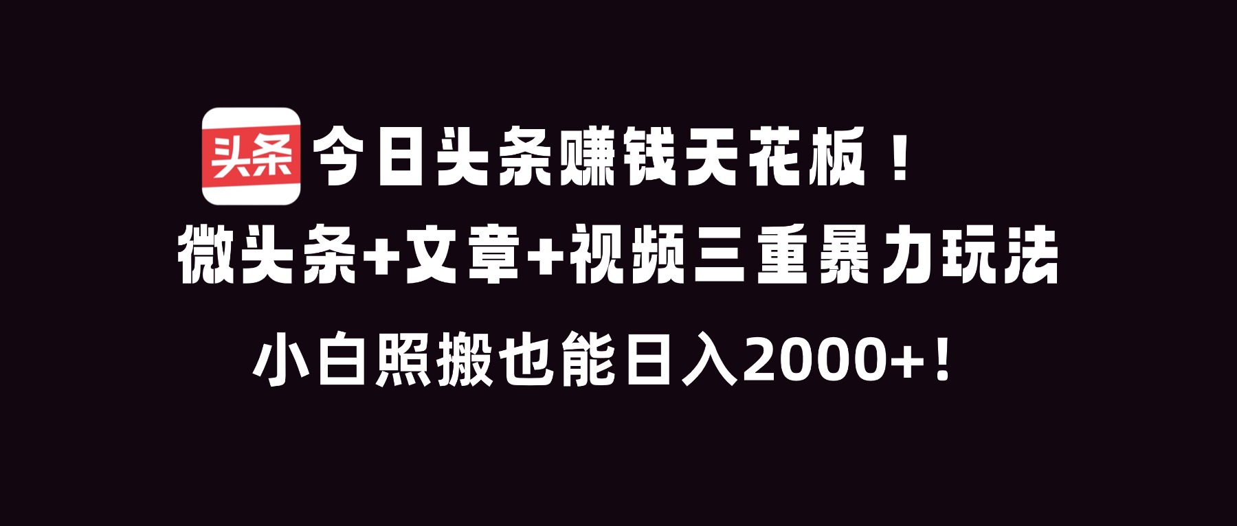 今日头条赚钱天花板!微头条+文章+视频三重暴利玩法,小白照搬也能日人2000+-恒创联盟资源网