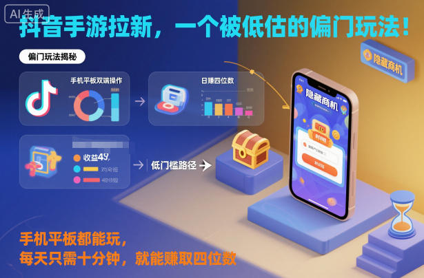 抖音手游拉新，一个被低估的偏门玩法！手机平板都能玩，每天只需十分钟，就能賺取四位数【揭秘】-恒创联盟资源网
