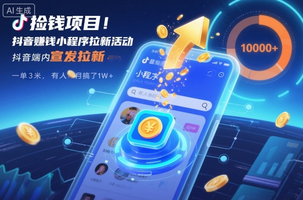 捡钱项目！抖音賺钱小程序拉新活动，抖音端内宣发拉新，一单3米，有人半个月搞了1W+-恒创联盟资源网