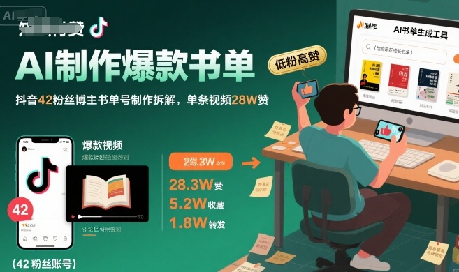 AI制作爆款书单,抖音42粉丝博主书单号制作拆解,单条视频28W赞-恒创联盟资源网