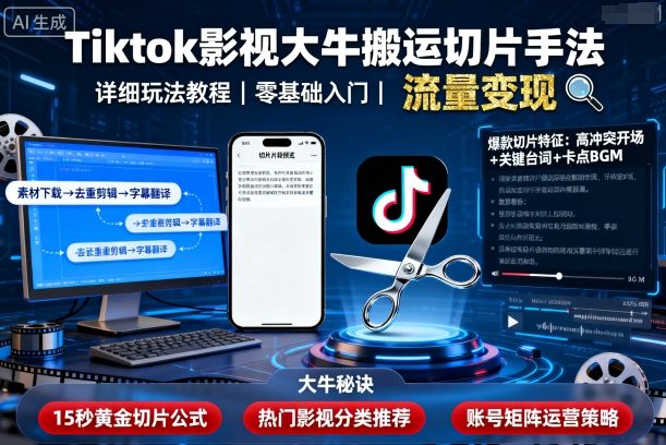 Tiktok影视大牛搬运切片手法，详细玩法教程-恒创联盟资源网
