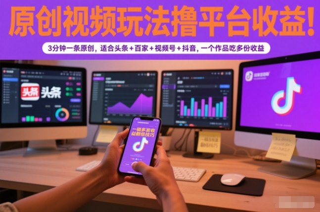 原创视频玩法撸平台收益,3分钟一条原创,适合头条+百家+视频号+抖音,一个作品吃多份收益-恒创联盟资源网