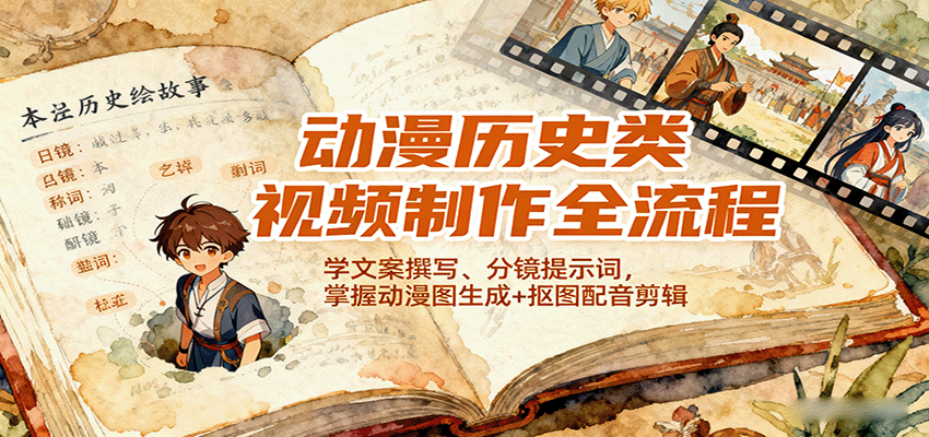 动漫历史类视频制作全流程,学文案撰写、分镜提示词,掌握动漫图生成+抠图配音剪辑-恒创联盟资源网