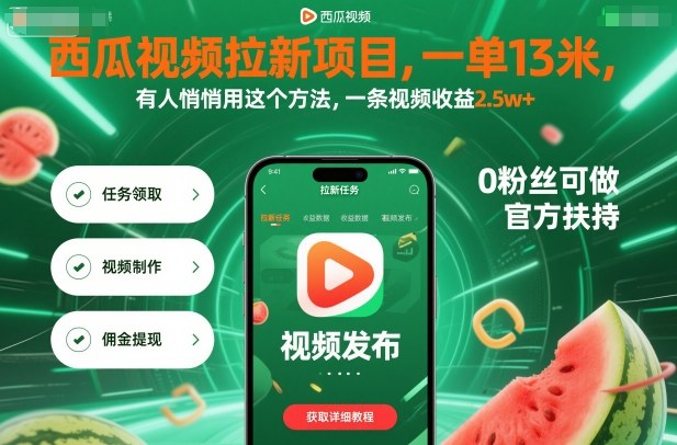 西瓜视频拉新项目，一单13米，有人悄悄用这个方法，一条视频收益2.5w+(附详细教程)-恒创联盟资源网