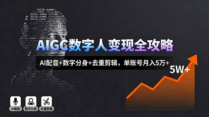 AIGC数字人变现全攻略，AI配音+数字分身+去重剪辑，单账号月入5万+-恒创联盟资源网