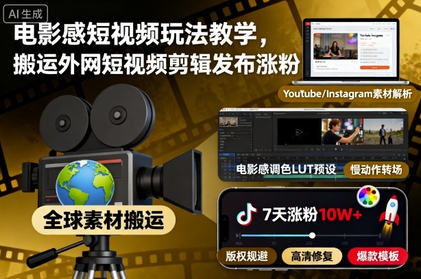 电影感短视频玩法教学，搬运外网短视频剪辑发布涨粉-恒创联盟资源网