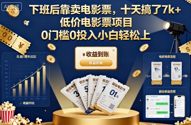 下班后靠卖电影票，十天搞了7k+，低价电影票项目，0门槛0投入小白轻松上手【揭秘】-恒创联盟资源网