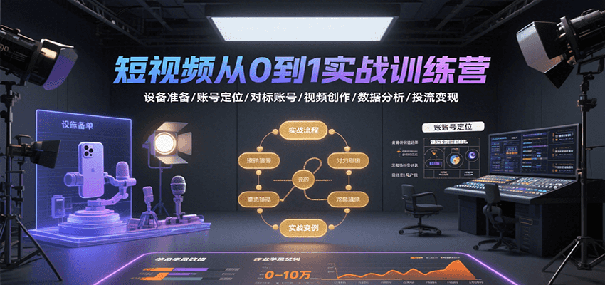 短视频从0到1实战训练营：设备准备/账号定位/对标账号/视频创作/数据分析/投流变现-恒创联盟资源网