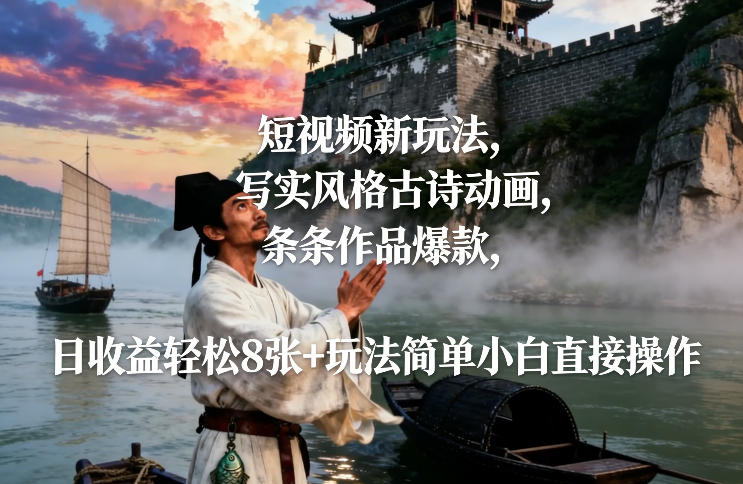 短视频新玩法，写实风格古诗动画，条条作品爆款，日收益轻松8张+玩法简单小白直接操作-恒创联盟资源网