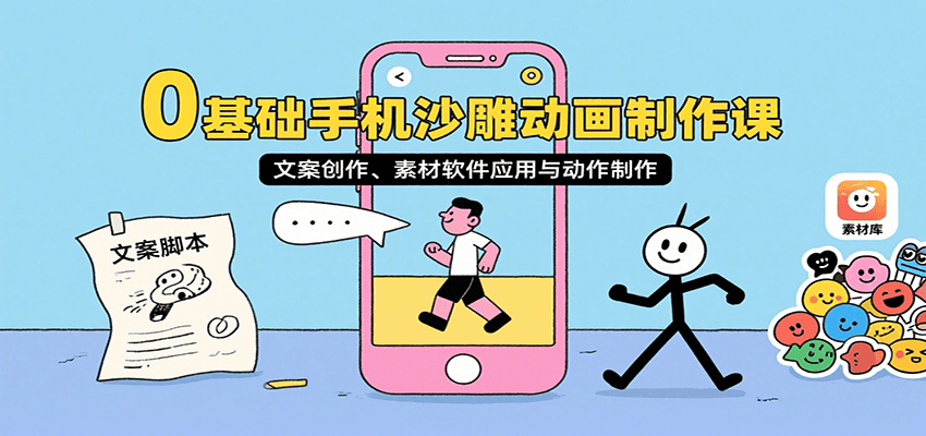 0基础手机沙雕动画制作课，文案创作、素材软件应用与动作制作-恒创联盟资源网