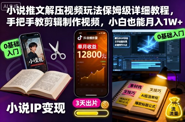 小说推文解压视频玩法保姆级详细教程,手把手教剪辑制作视频,小白也能月入1W+-恒创联盟资源网