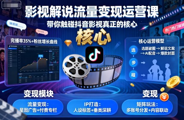 影视解说流量变现运营课，带你触碰抖音影视真正的核心-恒创联盟资源网