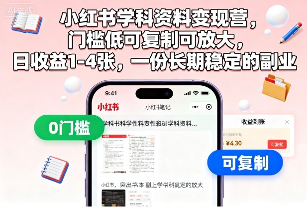 小红书学科资料变现营,门槛低可复制可放大,日收益1-4张,一份长期稳定的副业-恒创联盟资源网