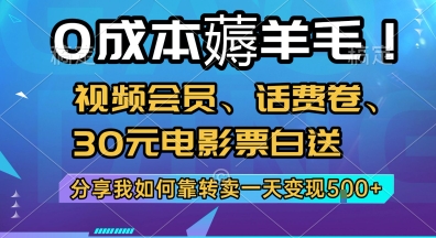 0成本薅羊毛!视频会员、话费卷、30元电影票白送，分享我如何靠转卖一天变现5张+【揭秘】-恒创联盟资源网