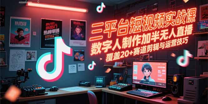三平台短视频实战课，数字人制作加半无人直播，覆盖20+赛道剪辑与运营技巧-恒创联盟资源网