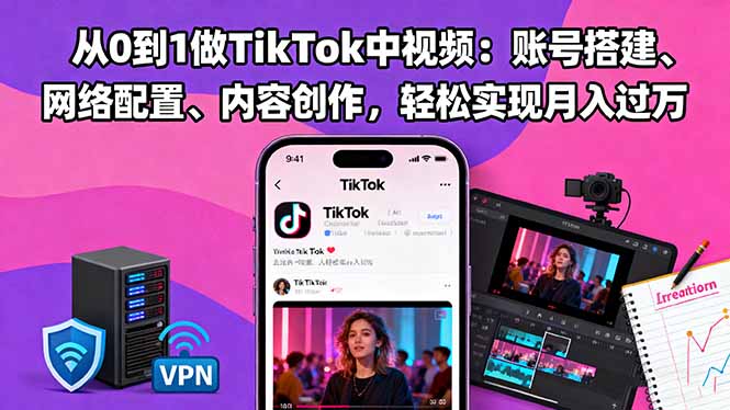 从0到1做TikTok中视频：账号搭建、网络配置、内容创作，轻松实现月入过万-恒创联盟资源网