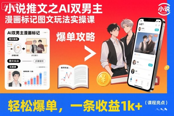 小说推文之AI双男主漫画标记图文玩法实操课，轻松爆单，一条收益1k+-恒创联盟资源网