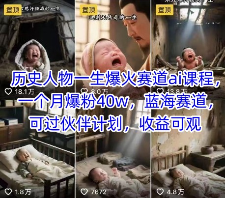 历史人物一生爆火赛道ai课程，一个月爆粉40w，蓝海赛道，可过伙伴计划，收益可观-恒创联盟资源网