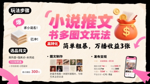 小说推文小红书多图文玩法，简单粗暴，万播收益3张-恒创联盟资源网