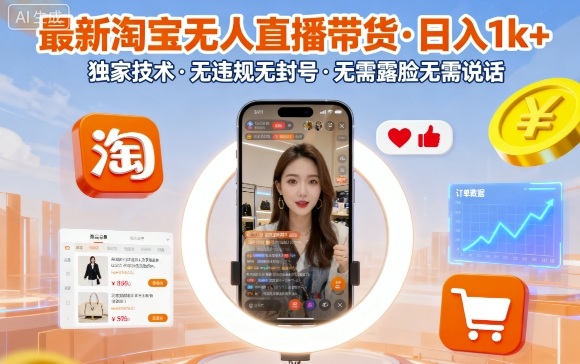最新淘宝无人直播带货,日入1k+,独家技术,无违规无封号,无需露脸无需说话【揭秘】-恒创联盟资源网