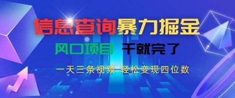 信息查询暴力掘金，一天三条视频，轻松变现四位数，风口项目干就完了【揭秘】-恒创联盟资源网