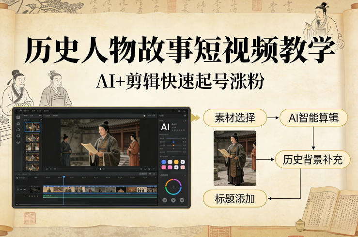 历史人物故事短视频教学，AI+剪辑制作历史人物题材短视频，快速起号涨粉-恒创联盟资源网