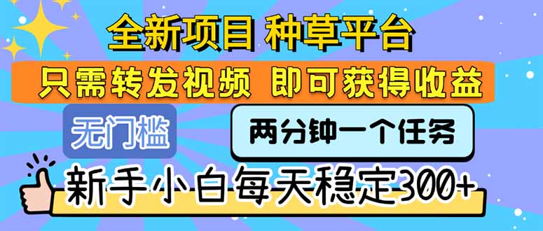全新项目 种草平台 只需要转发任务视频 即可获得收益 新手小白每天300+-恒创联盟资源网