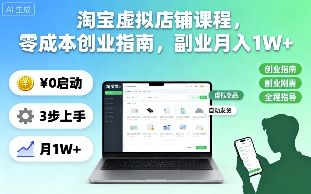 淘宝虚拟店铺课程,零成本创业指南,副业月入1W+-恒创联盟资源网