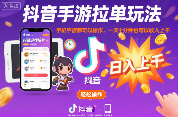 抖音手游拉单玩法，手机平板都可以操作，一天十分钟也可以收入上K【揭秘】-恒创联盟资源网