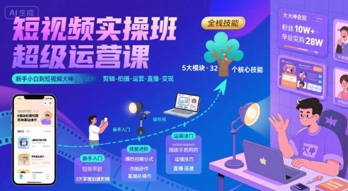 短视频实操班超级运营课，新手小白到短视频大神必修课程，剪辑-拍摄-运营-直播-变现-恒创联盟资源网